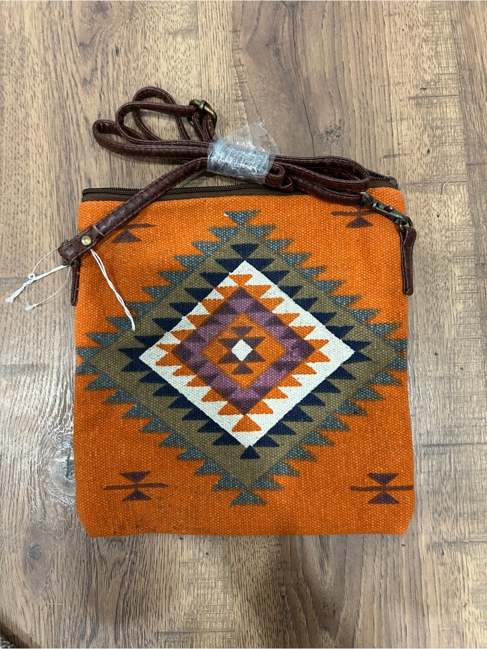 Southwestern Orange Geometric Crossbody Bag with Brown Strap